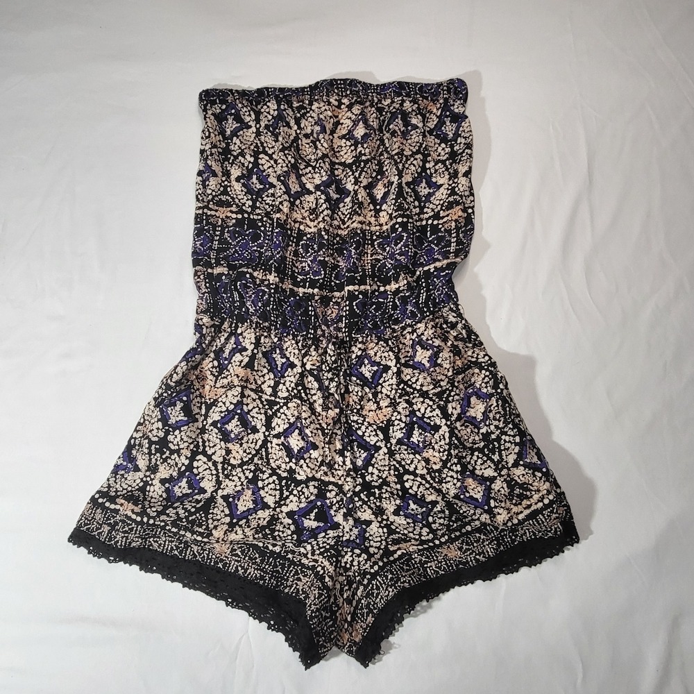 Angie Boho Geometric Strapless Romper Purple Black Lace Trim Size M
